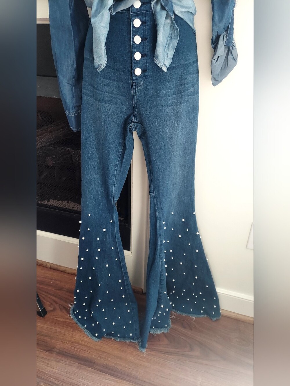 High-Rise Pearl-Embellished Flare Jeans in Denim Blue - Picture 2 of 2